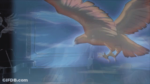 A Painting Of An Eagle Flying In A Dark Room GIF
