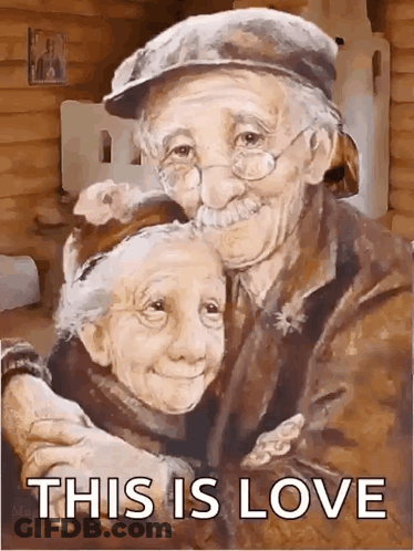 A Painting Of An Elderly Couple Hugging Each Other With The Words `` This Is Love '' . GIF