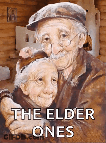A Painting Of An Elderly Couple With The Words " The Elder Ones " On The Bottom GIF