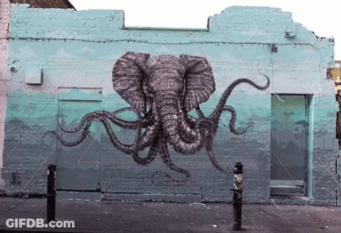 A Painting Of An Octopus Holding An Elephant 'S Head GIF