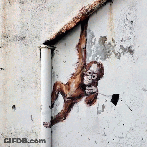A Painting Of An Orangutan Hanging From A Pipe On A Wall GIF