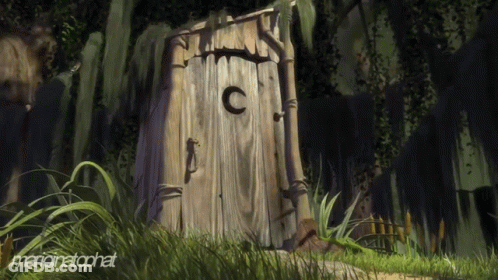 A Painting Of An Outhouse With The Letter C On It GIF