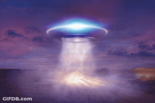 A Painting Of An Ufo Flying Over A Field At Night GIF