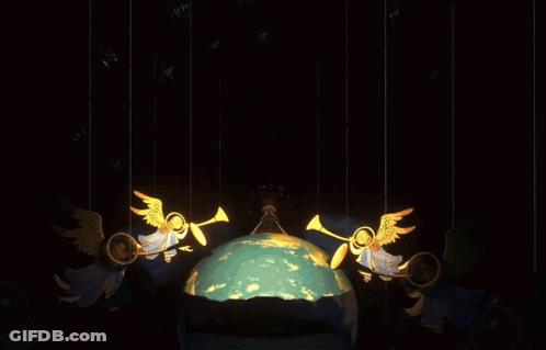 A Painting Of Angels And A Globe With A Chandelier GIF