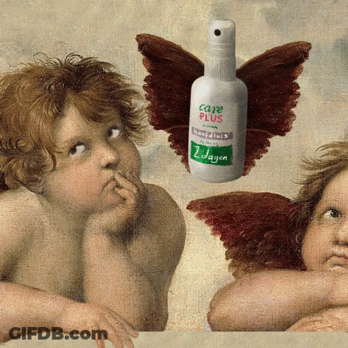 A Painting Of Angels With A Bottle Of Care Plus GIF