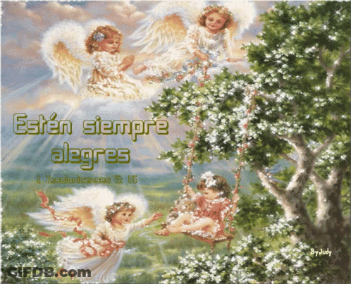A Painting Of Angels With The Words Esten Siempre Alegres On The Bottom GIF