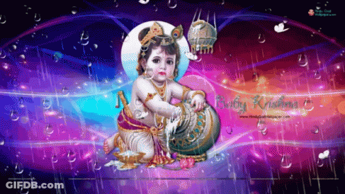 A Painting Of Baby Krishna On A Purple And Blue Background GIF