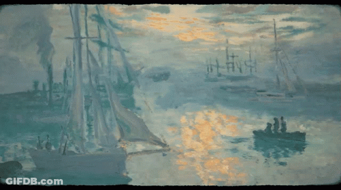A Painting Of Boats In A Harbor With A Sunset Behind Them GIF