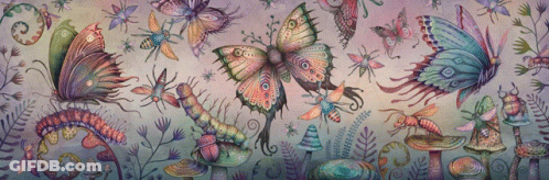 A Painting Of Butterflies Mushrooms And Insects On A Blue Background GIF