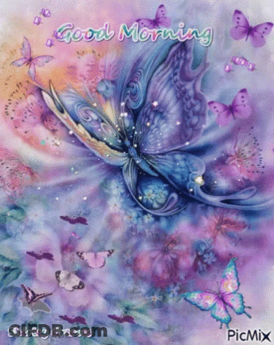 A Painting Of Butterflies With The Words Good Morning GIF