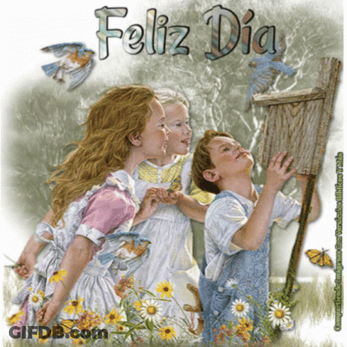 A Painting Of Children Looking At A Birdhouse With The Words Feliz Dia Written Above Them GIF