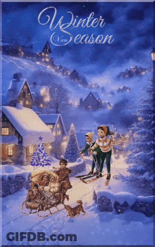 A Painting Of Children Skiing In The Snow With The Words Winter Season On The Bottom GIF