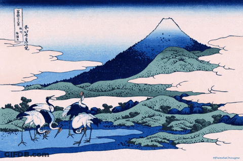 A Painting Of Cranes Standing In Front Of A Mountain And A River GIF