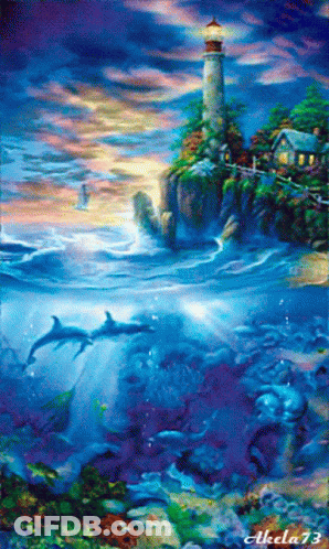 A Painting Of Dolphins And A Lighthouse With The Name Akela 73 On The Bottom GIF