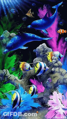 A Painting Of Dolphins And Clown Fish By Akela23 GIF