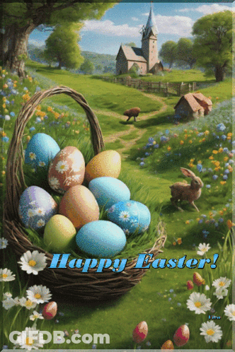 A Painting Of Easter Eggs In A Basket With The Words Happy Easter On The Bottom GIF