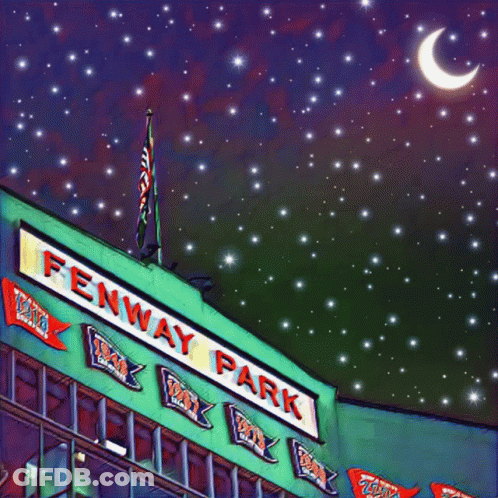 A Painting Of Fenway Park At Night With A Crescent Moon In The Background GIF