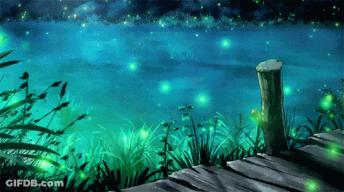 A Painting Of Fireflies Flying Over A Lake With A Wooden Dock In The Foreground GIF