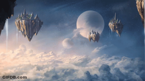 A Painting Of Floating Islands In The Sky With A Planet In The Background GIF
