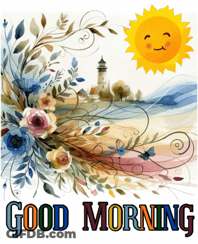 A Painting Of Flowers And A Lighthouse With The Words Good Morning Below It GIF