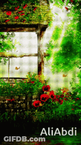 A Painting Of Flowers And Trees With The Name Aliabdi On The Bottom GIF
