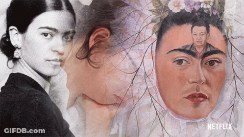 A Painting Of Frida Kahlo With A Netflix Logo On The Bottom Right GIF