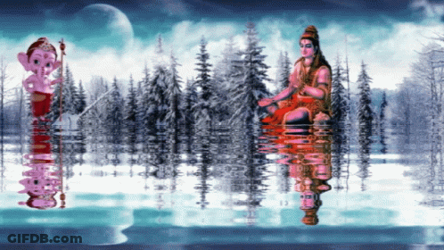 A Painting Of Ganesha And Shiva Sitting In A Lake GIF