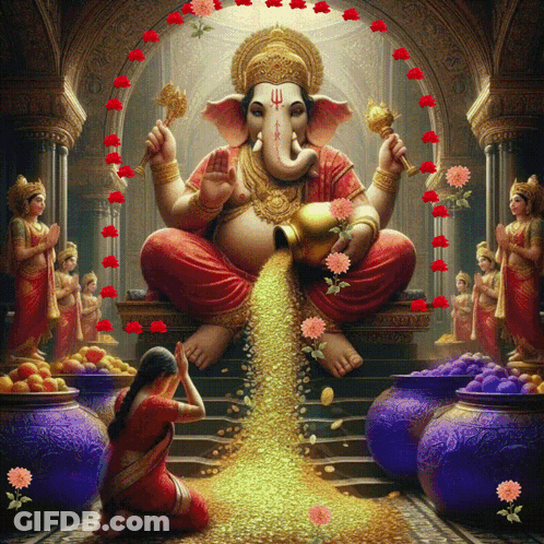 A Painting Of Ganesha Pouring Gold Into A Woman 'S Lap GIF