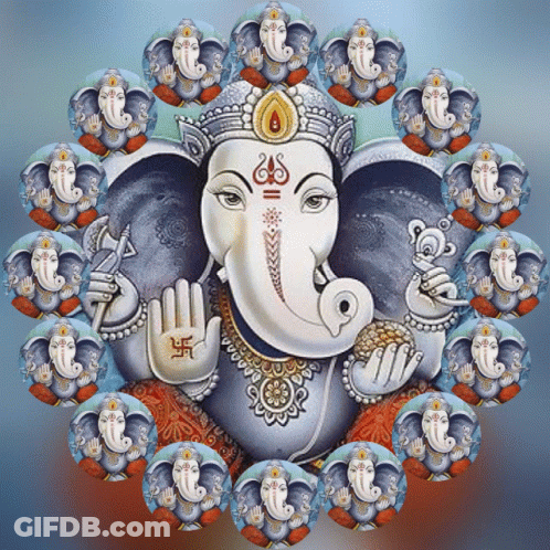 A Painting Of Ganesha Surrounded By Other Ganeshas With The Letters Ss On Their Faces GIF