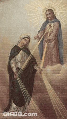 A Painting Of Jesus And A Woman With Rays Of Light Coming Out Of Her Hands GIF