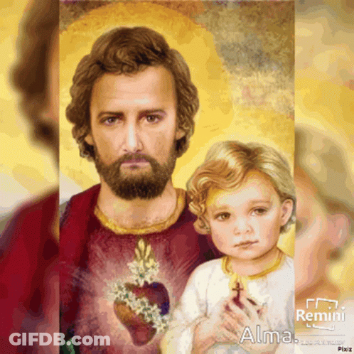 A Painting Of Jesus Holding A Child With Alma Written On The Bottom Right GIF