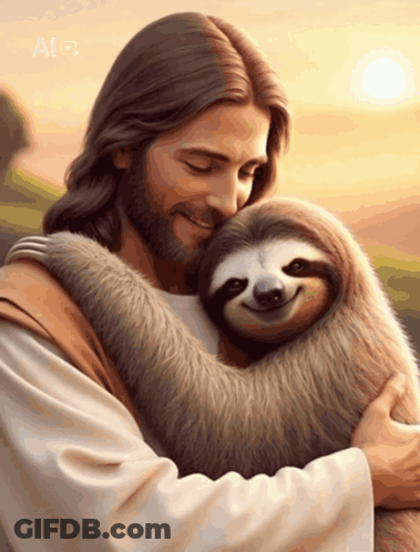 A Painting Of Jesus Holding A Sloth With The Letters A And B On The Bottom Right GIF