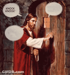 A Painting Of Jesus Knocking On A Door With Speech Bubbles Saying " Knock Knock " GIF