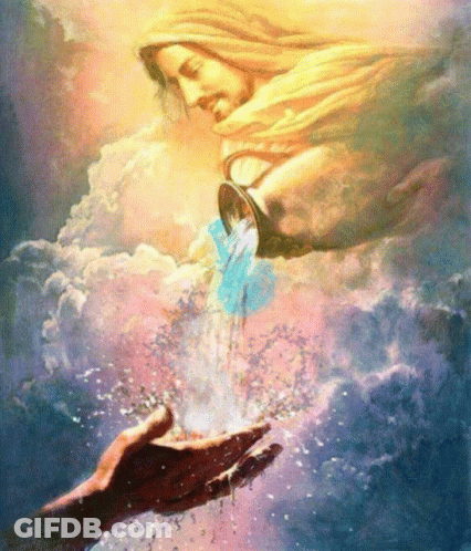 A Painting Of Jesus Pouring Water From A Pitcher Into A Hand GIF