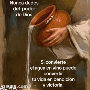 A Painting Of Jesus Pouring Water Into A Bowl With A Quote In Spanish GIF