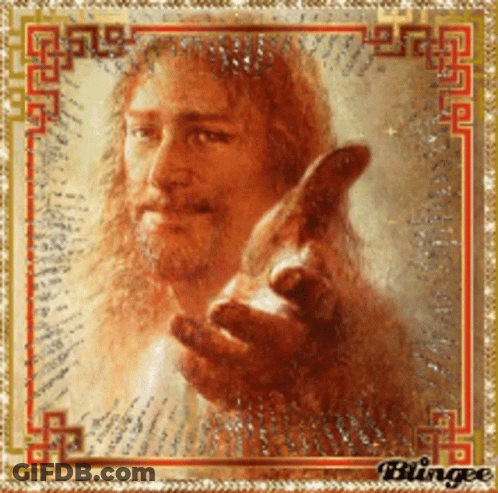 A Painting Of Jesus Reaching Out Towards The Viewer GIF