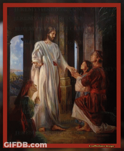 A Painting Of Jesus Standing In Front Of A Group Of People With The Words B Collections Design On The Bottom GIF