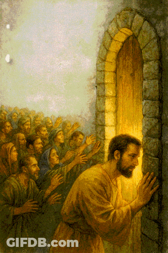 A Painting Of Jesus Standing In Front Of A Stone Door GIF