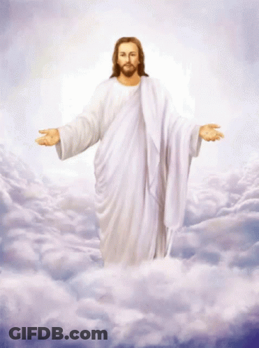 A Painting Of Jesus Standing In The Clouds GIF