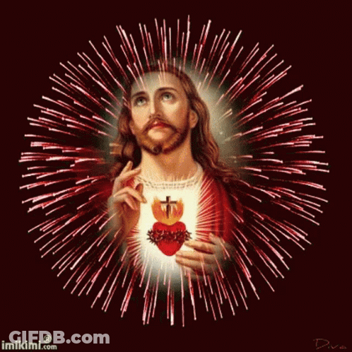 A Painting Of Jesus Surrounded By Fireworks With The Website Imikimi.com In The Corner GIF