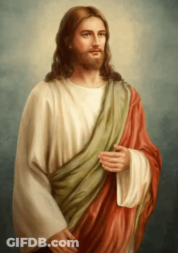 A Painting Of Jesus Wearing A White Robe And A Green And Red Robe GIF