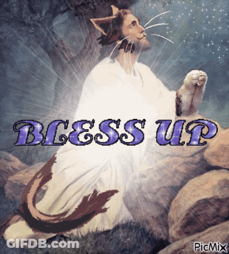 A Painting Of Jesus With A Cat 'S Tail And The Words Bless Up Above Him GIF