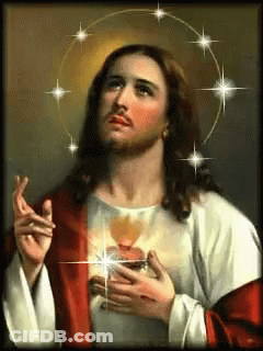 A Painting Of Jesus With A Circle Of Stars Around Him GIF