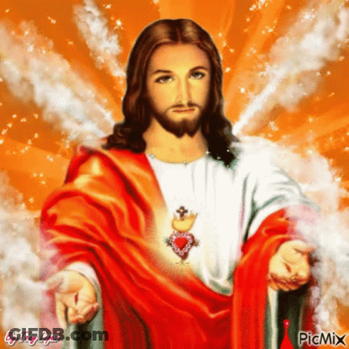 A Painting Of Jesus With A Red Robe And A Cross On His Chest . GIF