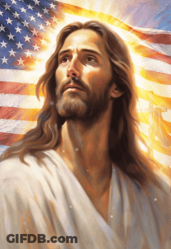 A Painting Of Jesus With The American Flag Behind Him GIF