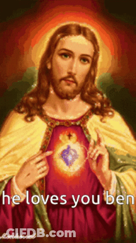 A Painting Of Jesus With The Words " He Loves You " Above Him GIF