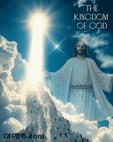 A Painting Of Jesus With The Words The Kingdom Of God Written Above Him GIF