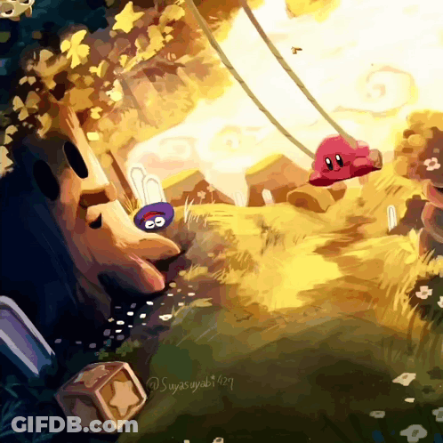 A Painting Of Kirby Swinging On A Rope With A Cube In The Background GIF