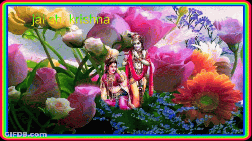 A Painting Of Krishna And Radha In A Garden Of Flowers GIF