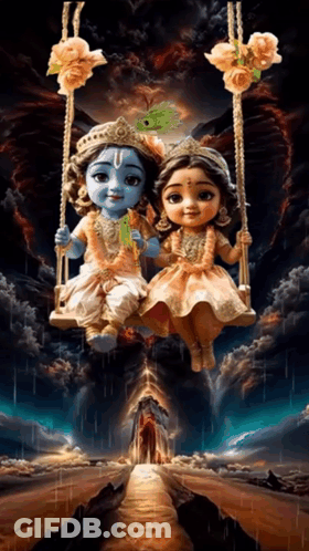 A Painting Of Krishna And Radha Sitting On Swings GIF